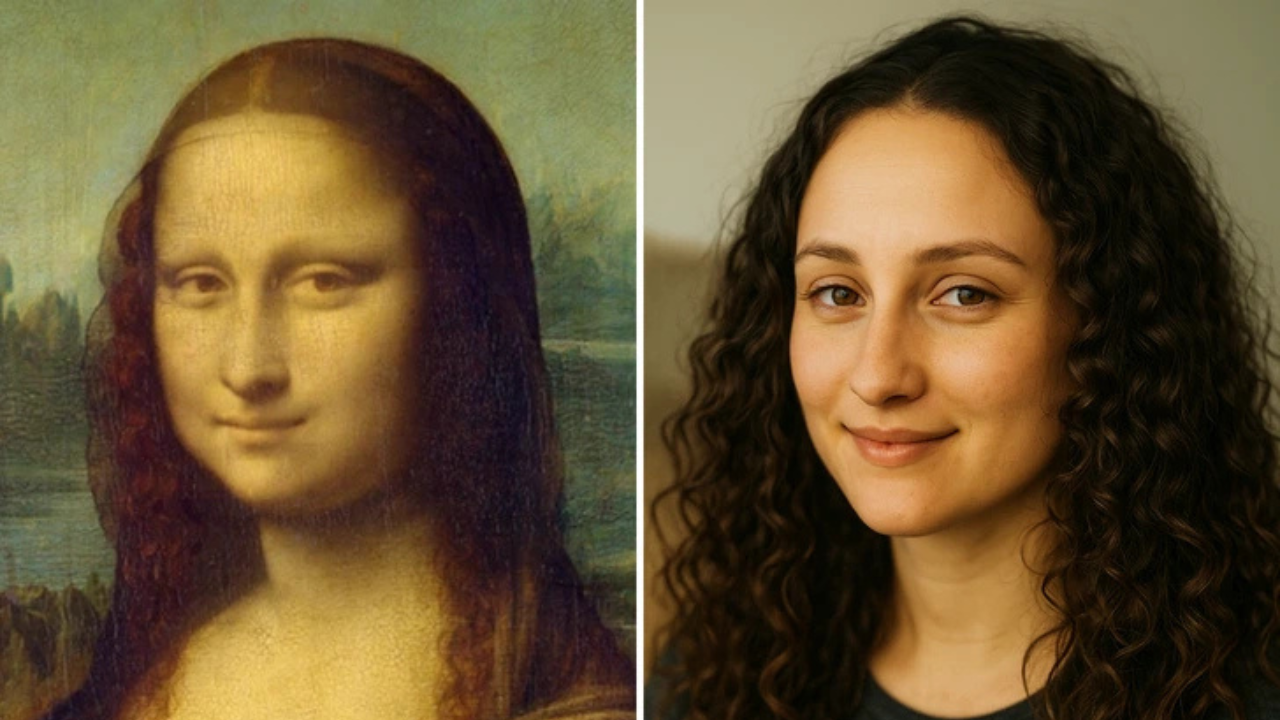 Portrét dvoch žien vedľa seba, jedna na klasickom obraze, druhá moderná fotografia s kučeravými vlasmi.