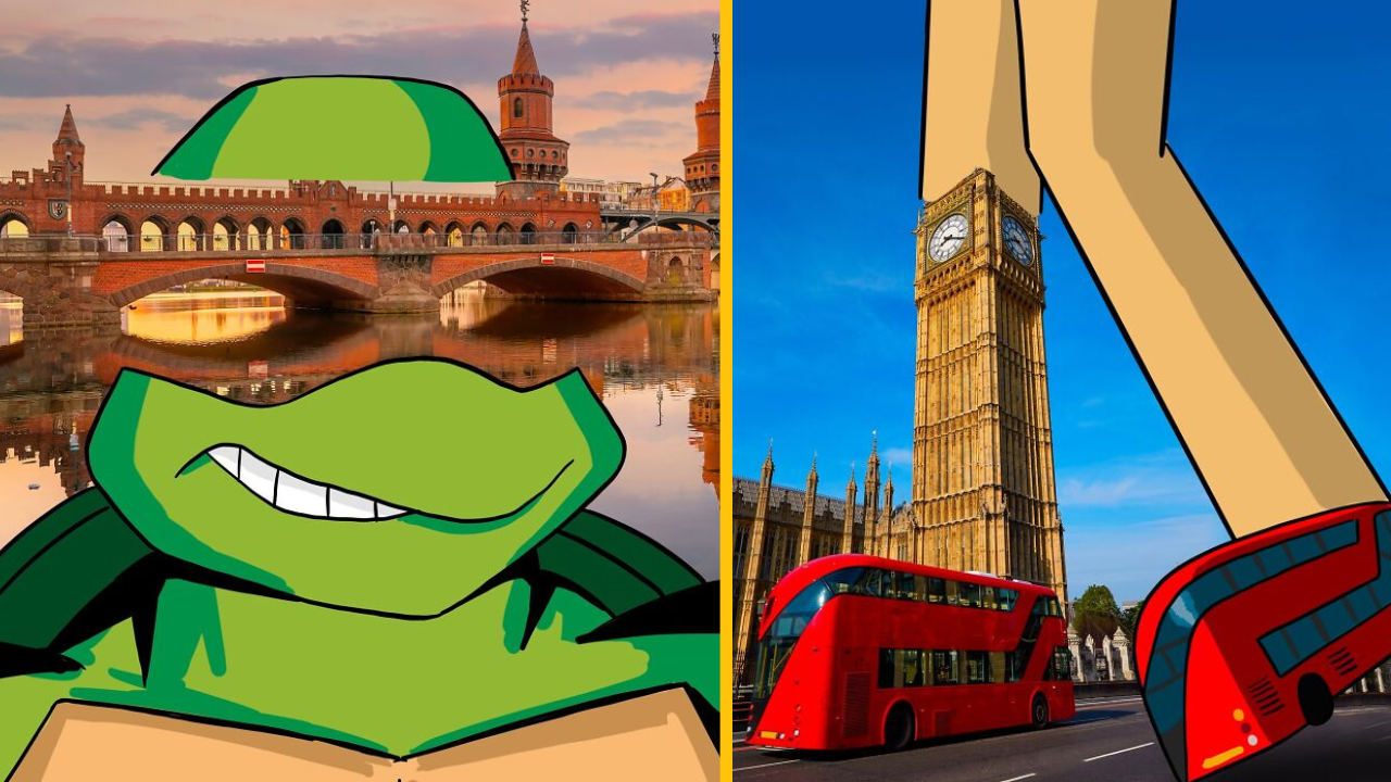 Kreslená postavička pred Berlínskym mostom a Londýnskym Big Benom s červeným autobusom v popredí.