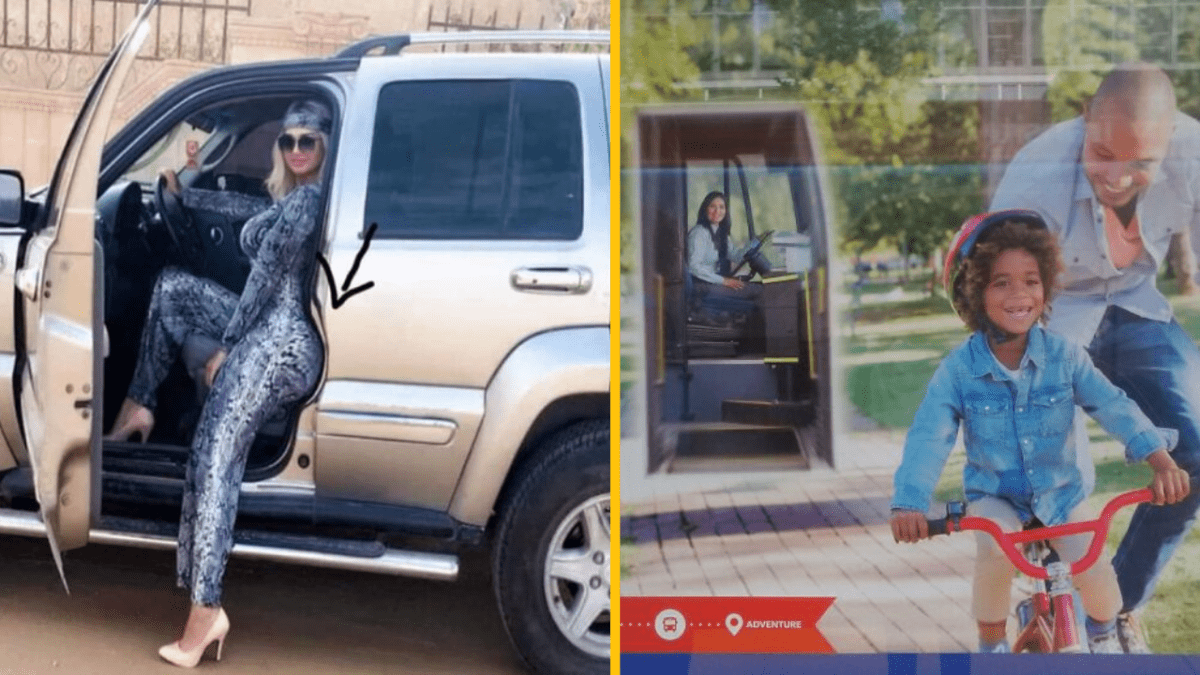 Žena v leopardom overale nastupuje do SUV, vedľa fotka dieťaťa na bicykli s helmou a usmievajúci sa dospelý za ním.