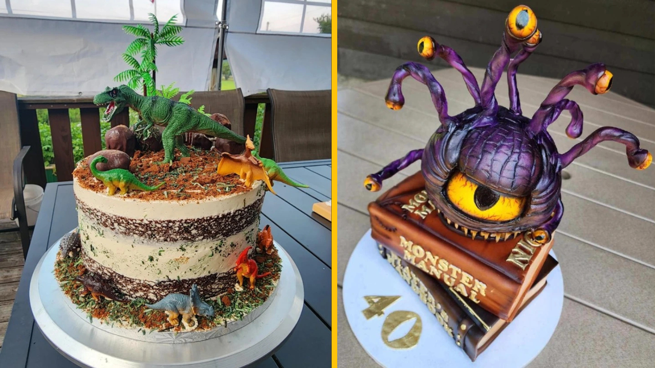Dva kreatívne torty: jedna s dinosaurami a druhá s purpurovým monštrom na knihách Monster Manual.