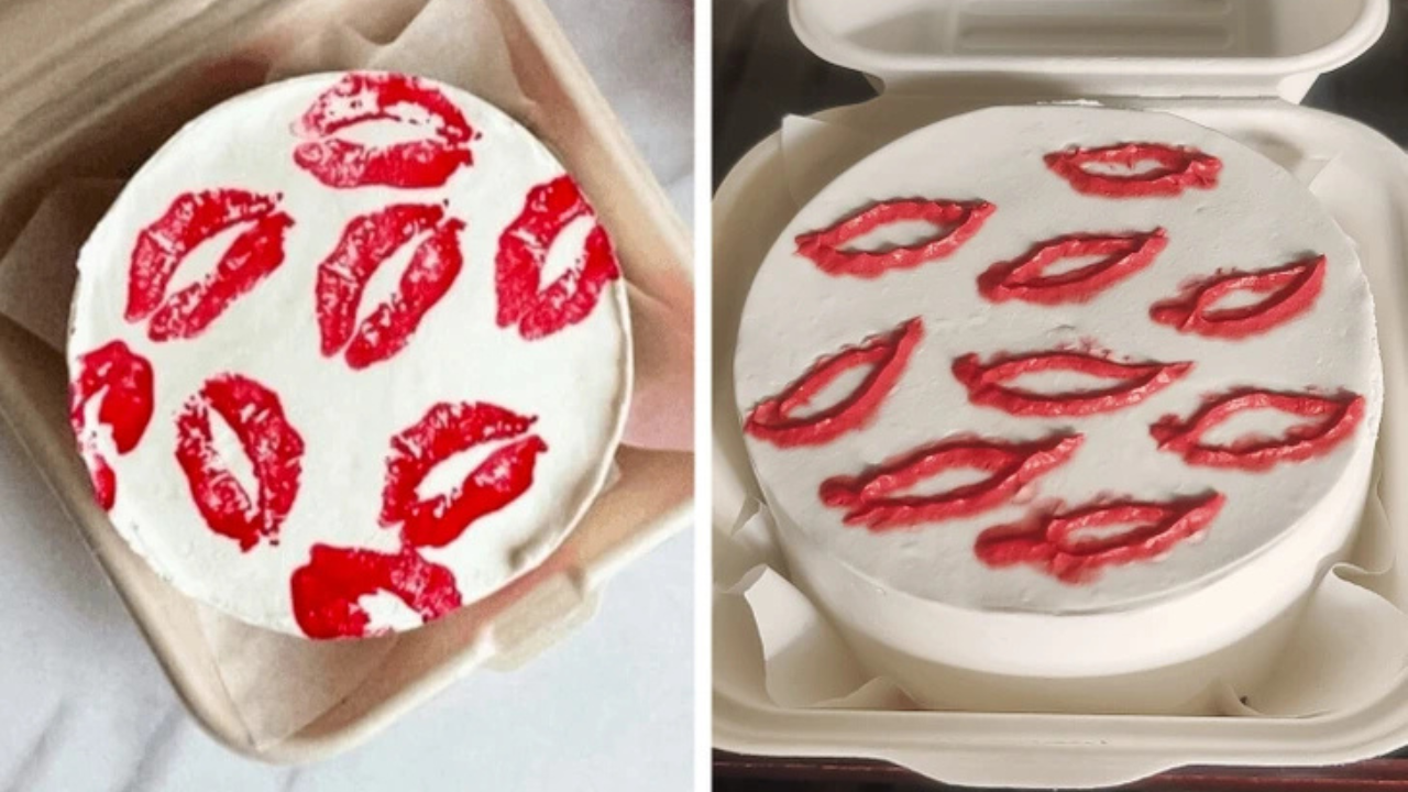 Dva biele torty ozdobené červenými motívmi pier v ekologických obaloch.