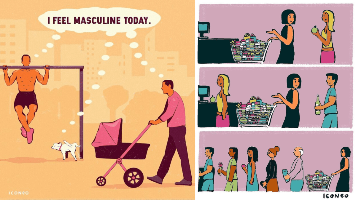 Muži konajúci netradične: cvičí s kočíkom, nakupuje s kvetinami. Porovnanie denných situácií a rodových rolí.