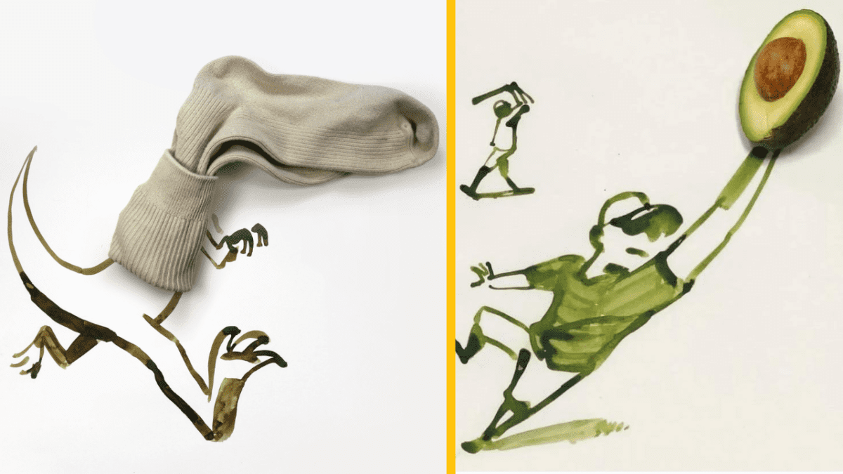 Fantazijná kombinácia ponožky s kresbou dinosaurieho tela a avokáda ako loptovej hry.