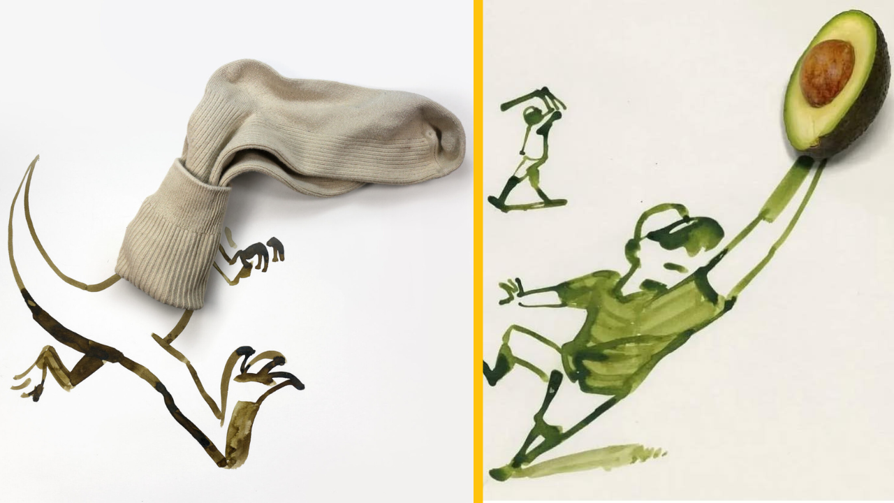 Fantazijná kombinácia ponožky s kresbou dinosaurieho tela a avokáda ako loptovej hry.