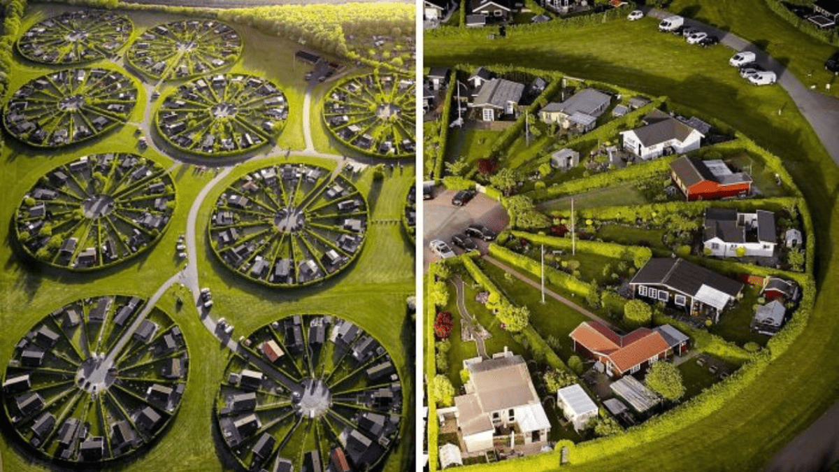 Letecký pohľad na kruhové usporiadanie záhradiek a chatiek v zelenom prostredí.