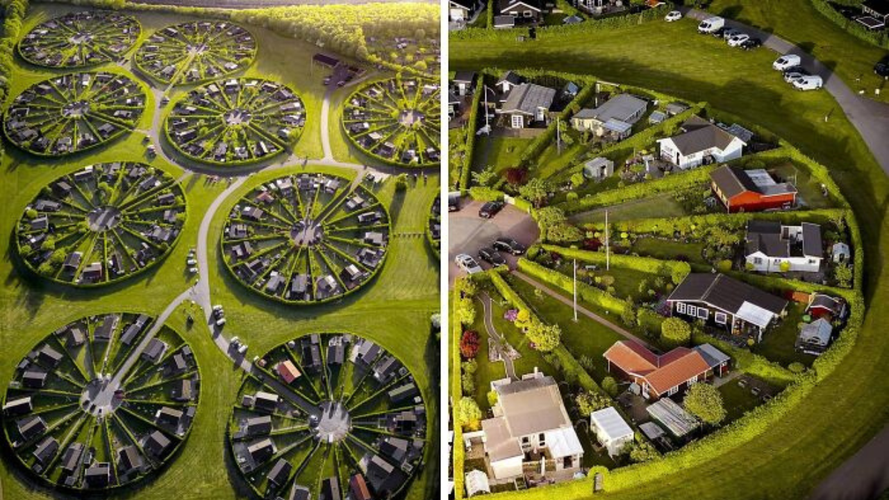 Letecký pohľad na kruhové usporiadanie záhradiek a chatiek v zelenom prostredí.