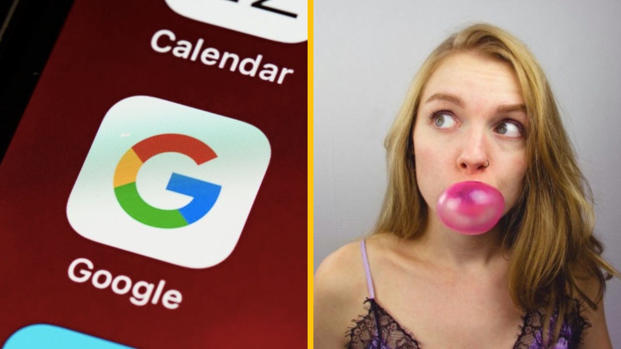 Mobilná aplikácia Google vedľa ženy s ružovou bublinou z bublifuku.