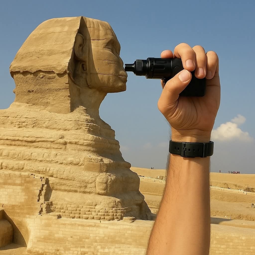 Ruka drží predmet v inovatívnom zábere pri Sfinge v Egypte, vytvára ilúziu dotyku nosu.