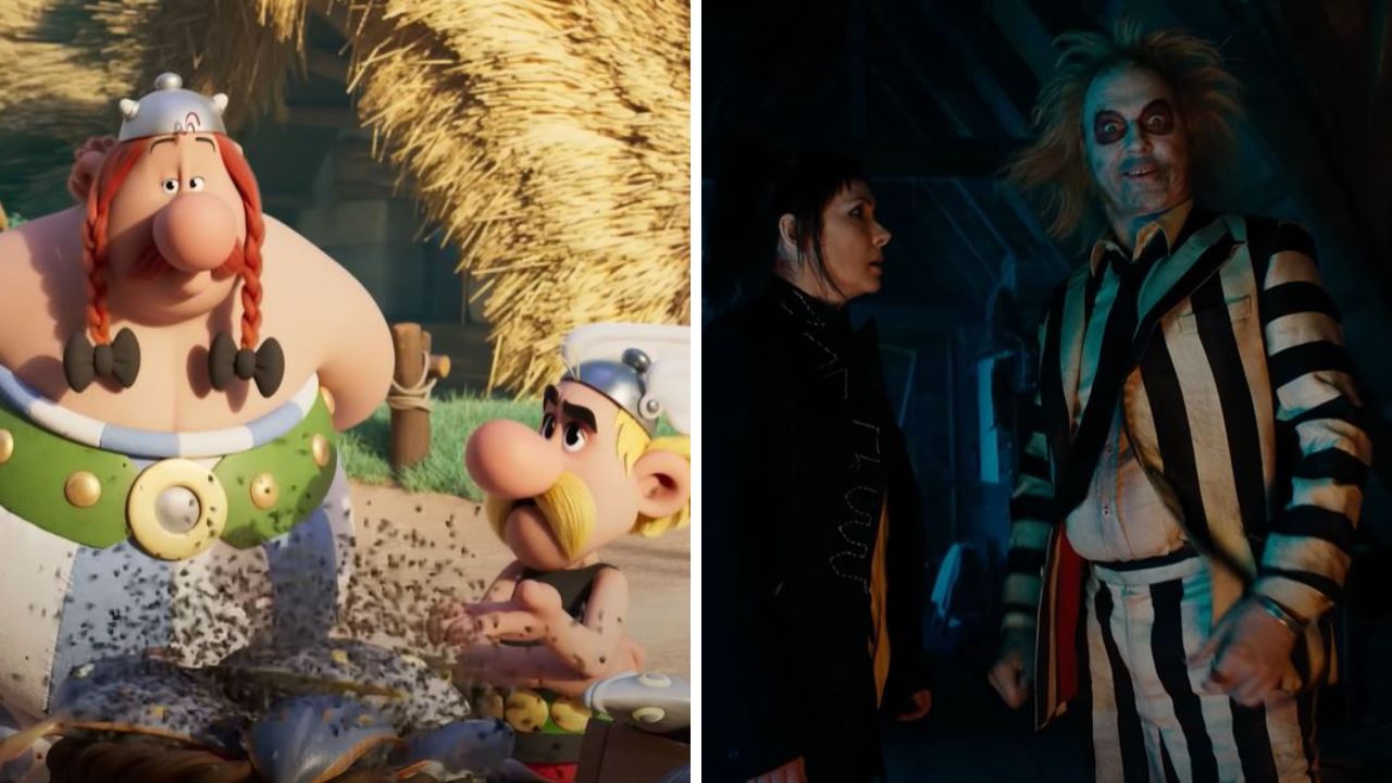 Animovaní a filmoví hrdinovia v rozdelenom obraze; vľavo dvaja kreslení bojovníci, vpravo dav v tmavej miestnosti.