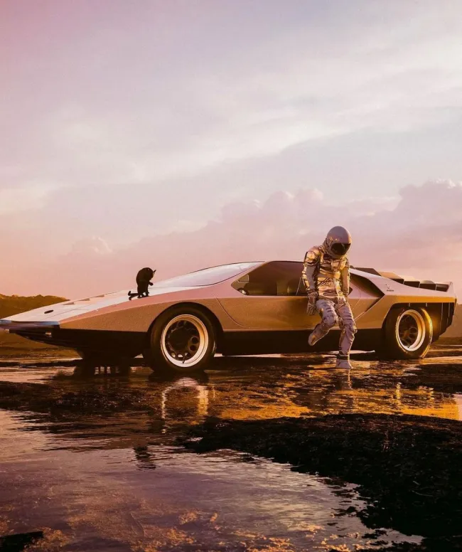 Astronaut pri futuristickom aute na západe slnka, sci-fi scenéria s odrazom na vode.