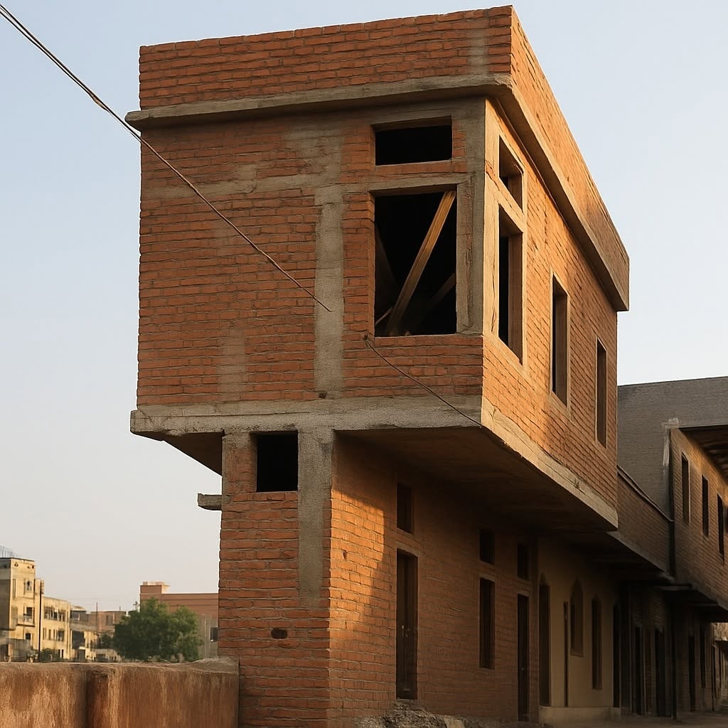 Nedokončená tehlová budova s odkrytou konštrukciou, rozostavaná na ulici v obytnom prostredí.