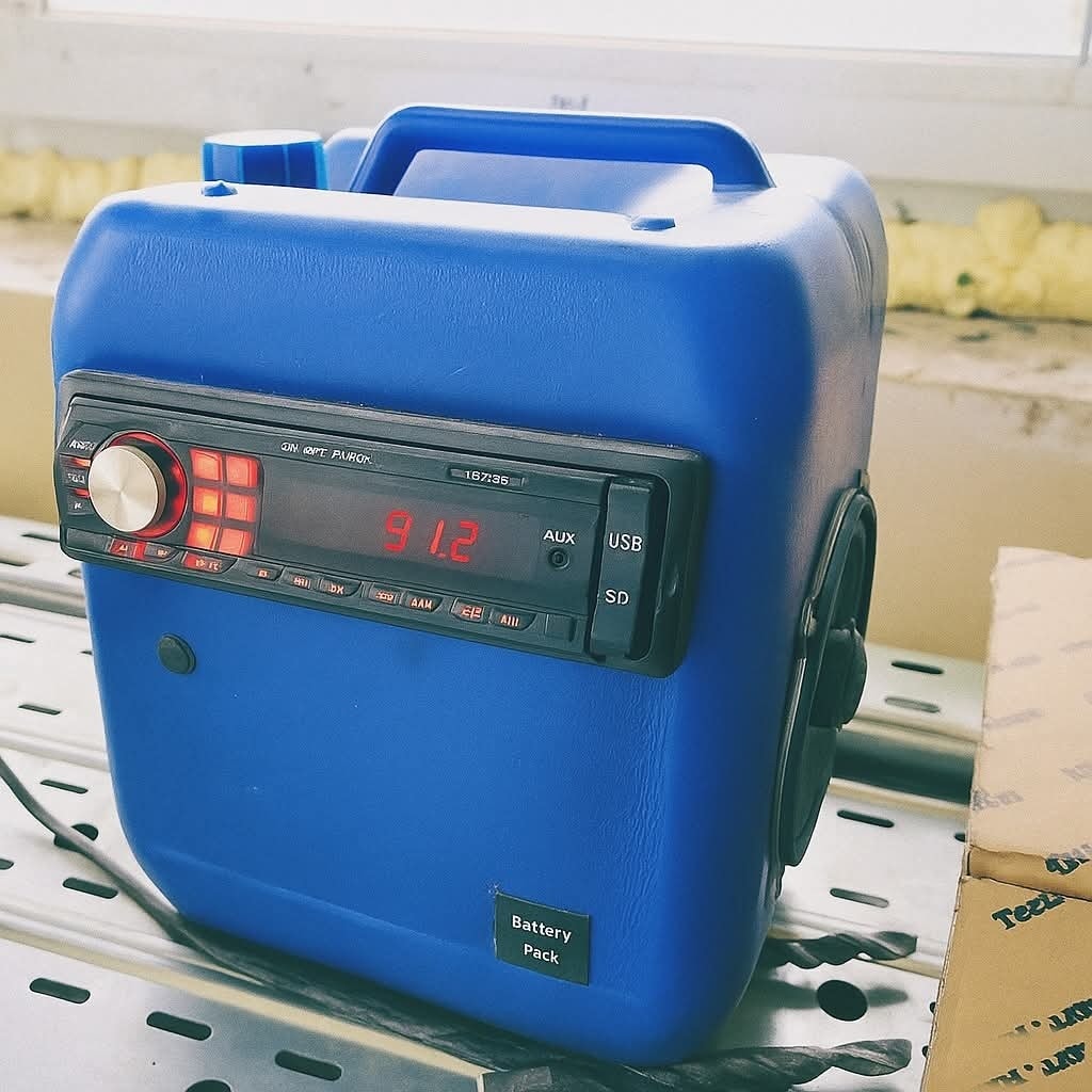 Prenosné rádio s modrou skrinkou, zobrazená stanica na frekvencii 91.2, obsahuje vstupy AUX, USB a SD.