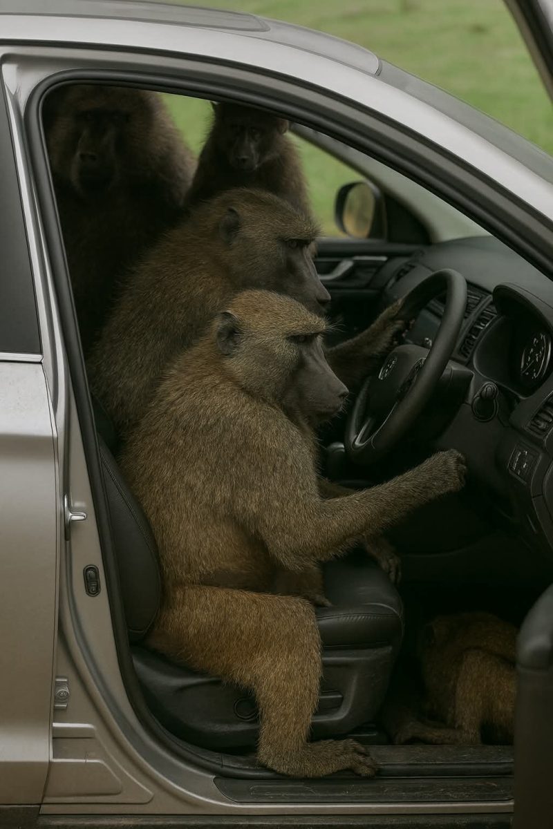 Opice v aute skúmajú volant, šoférovanie zvierat, humorný okamih na safari výlete.