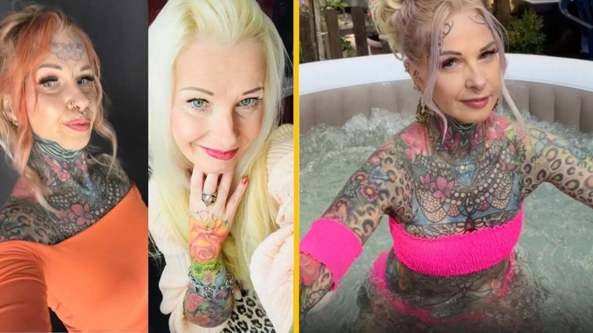 Žena s tetovaniami v oranžovom tričku, blondínka so svetlými vlasmi a žena s tetovaniami vo vírivke v ružových plavkách.