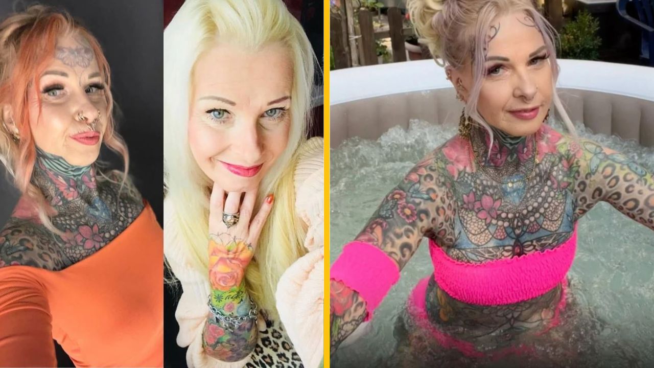 Žena s tetovaniami v oranžovom tričku, blondínka so svetlými vlasmi a žena s tetovaniami vo vírivke v ružových plavkách.