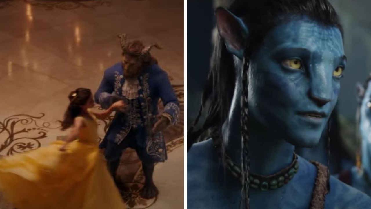 Dvojitý záber z filmov, tanec medzi princeznou a príšerou, vedľa modrý mimozemšťan z fantasy prostredia.