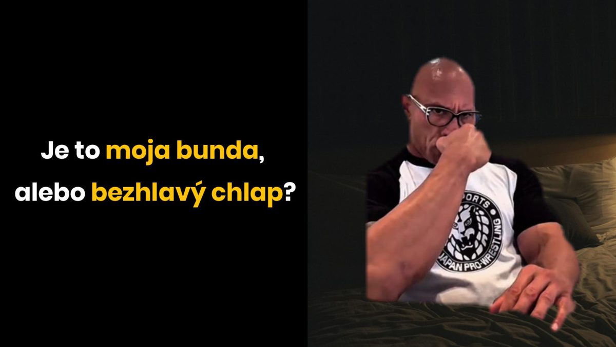 Ľavá časť: otázka. Pravá časť: muž v okuliaroch na tmavom pozadí.