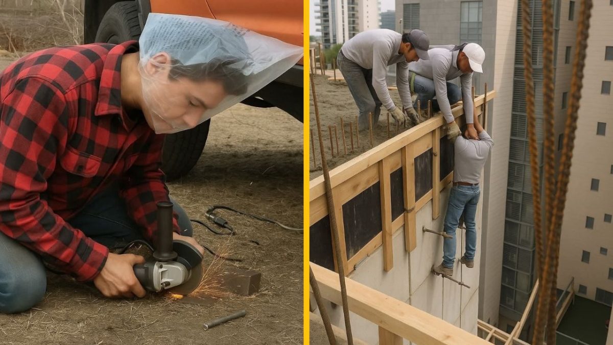 Muž reže kov bez ochranných prostriedkov, ďalší visí z budovy držiac sa za ruky kolegov. Nezodpovedné pracovné podmienky.