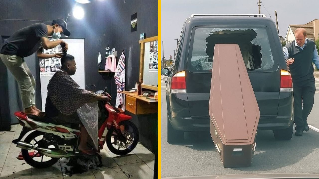 Kreatívny účes v holičstve na motorke; prevoz rakvy v aute so zadnou časťou vonku.