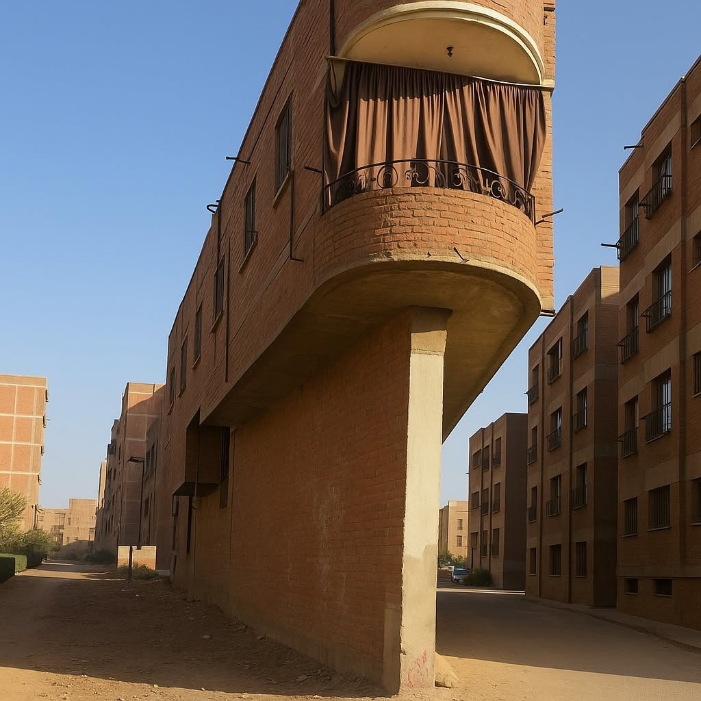 Podivná architektúra: šikmý bytový dom s unikátnym dizajnom na úzkej stĺpovej konštrukcii.