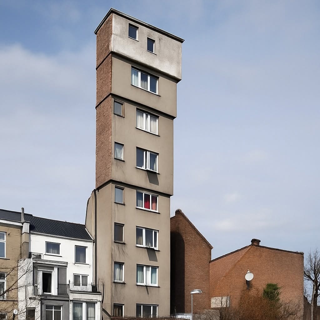 Úzky, vysoký dom so zvláštnou architektúrou sa týči medzi bežnými budovami v mestskej zástavbe.