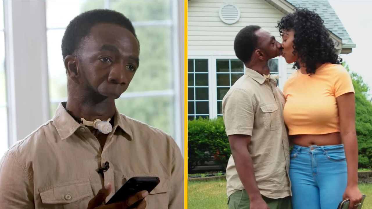 Osoba s telefónom a tracheostómiou doma; vonku sa bozkáva s partnerkou pred domom.