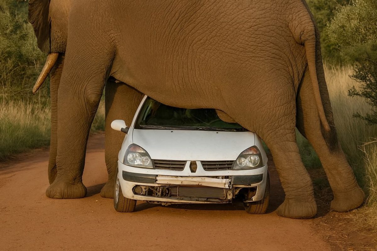Slon stojí nad bielym autom na prašnej ceste v prírode.