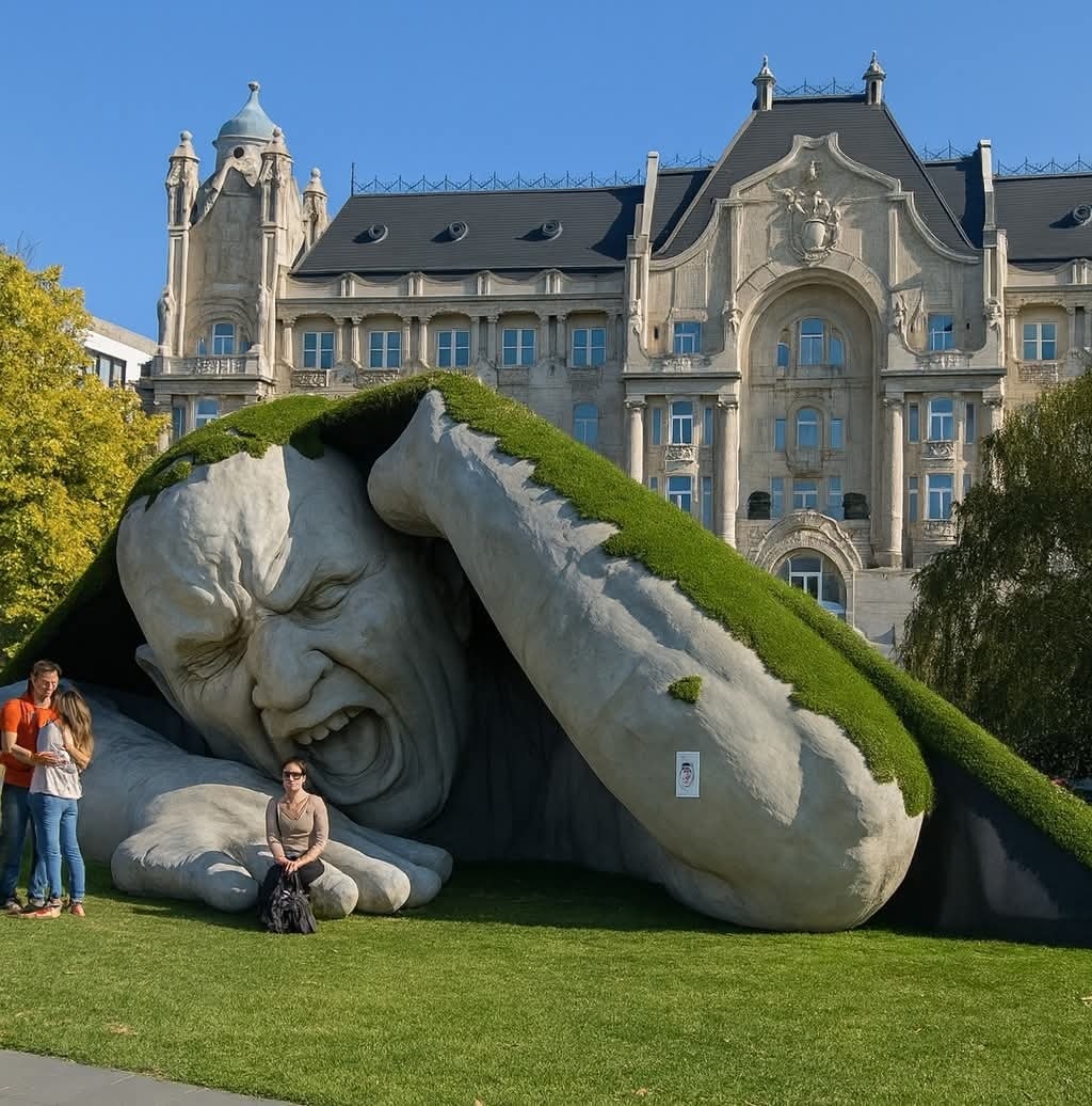 Obrovská socha muža s trávnatou hlavou pred historickou budovou, slnečný deň, ľudia pózujú.