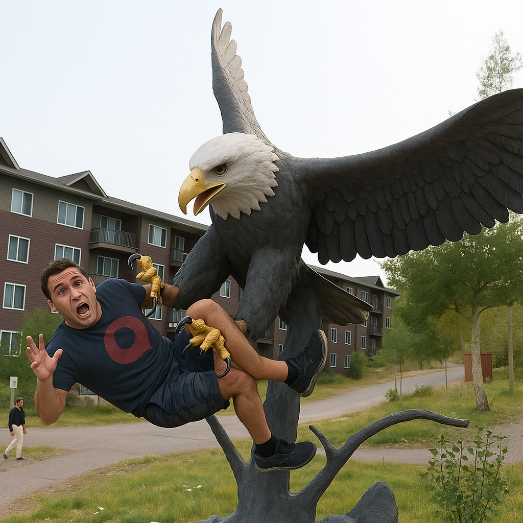 Muž vtipne pózuje s obrovskou sochou orla, ktorý ho zdvíha nad zem; v pozadí sú budovy a stromy.
