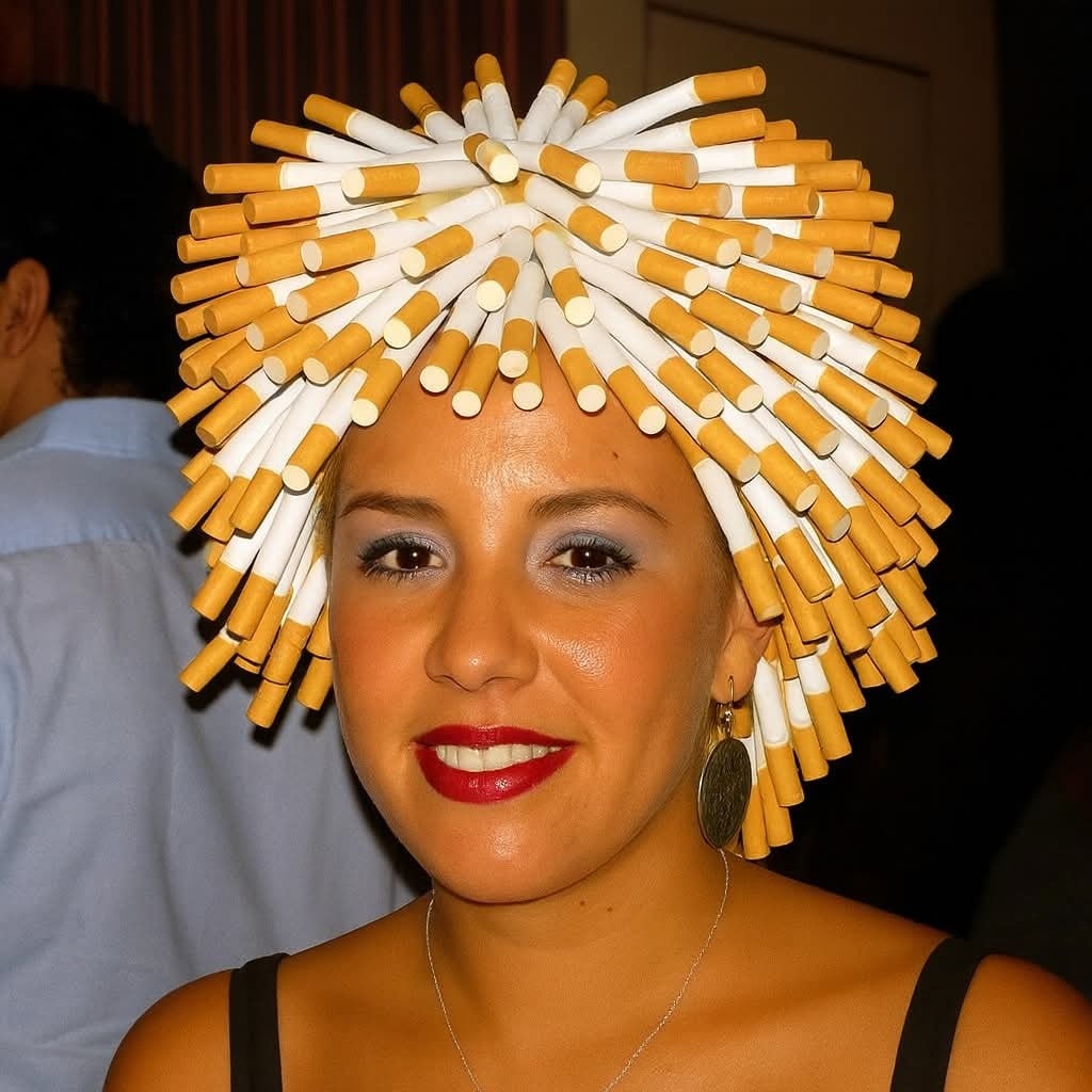 Žena s originálnym klobúkom zo stoviek cigariet na hlave, extravagantná módna kreácia na párty.