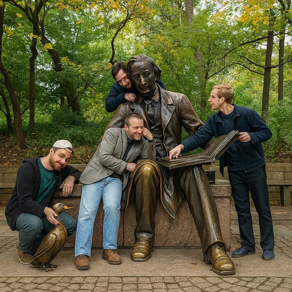 Skupina ľudí pózuje pri soche muža s otvorenou knihou v parku na jeseň.