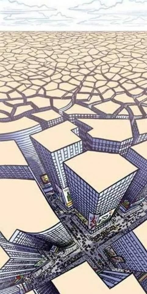 Sklenené mrakodrapy uprostred rozpraskaného sucha, z ktorých vykúkajú dopravné ulice plné ľudí.