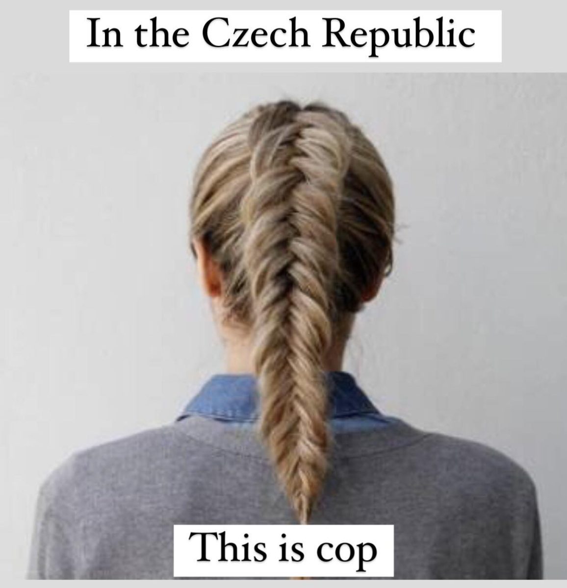 Osoba s rybím copom, zobrazená zozadu proti bledosivému pozadiu.