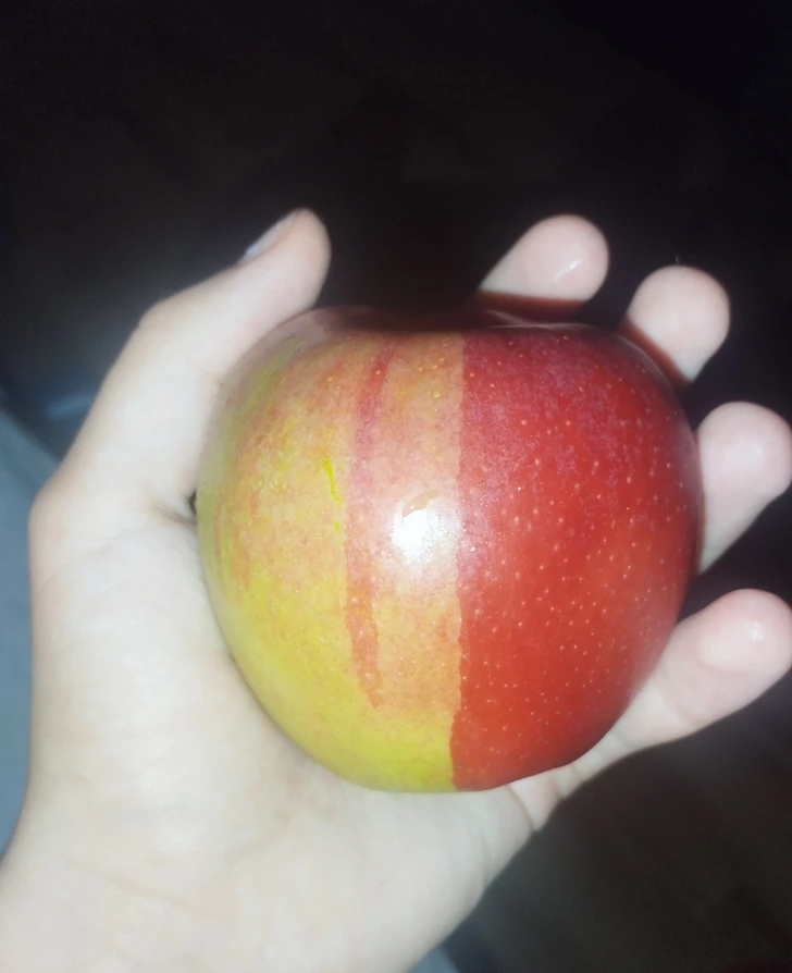 Polovične olúpané jablko v ruke, ukazujúce rozdiel medzi červenou a žltou šupkou.