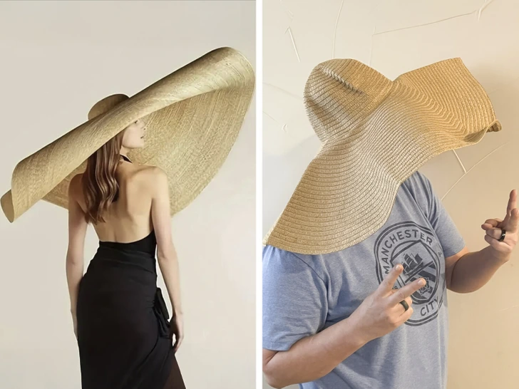 Dva rôzne štýly nosenia veľkého slameného klobúka: elegantný model a vtipný domáci pokus.