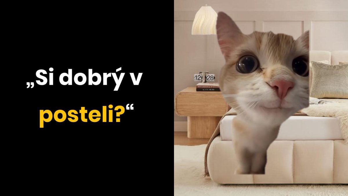 Mačka s veľkými očami pri posteli, vedľa nej text kérhúky: „Si dobrý v posteli?”.