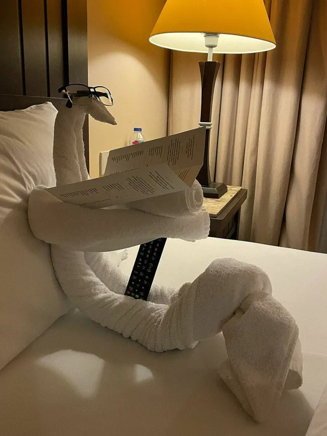 Uterák vytvarovaný do zvieraťa číta menu na posteli.