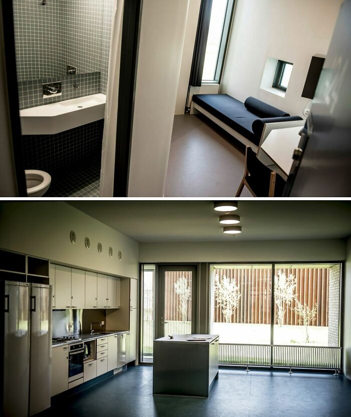 Moderný interiér: minimalistická kúpeľňa a priestranná kuchyňa s výhľadom do záhrady.