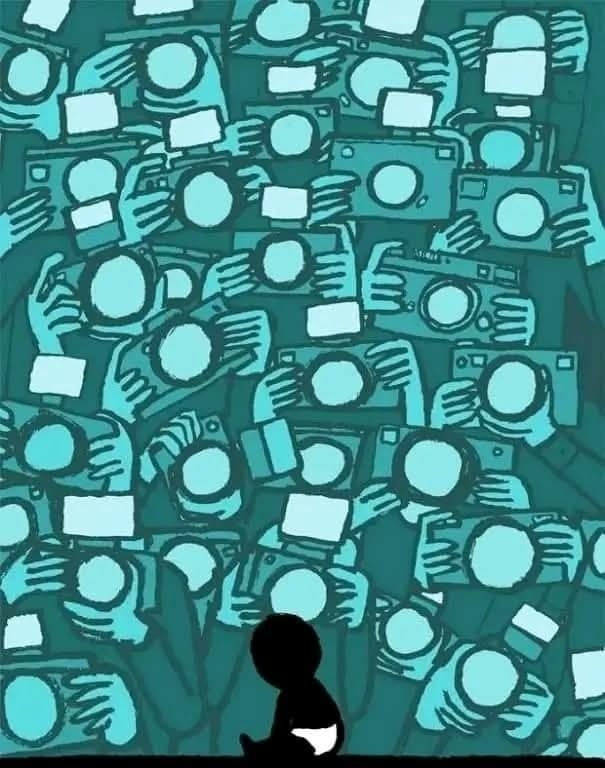 Dieťa pred množstvom fotoaparátov symbolizuje tlak médií.