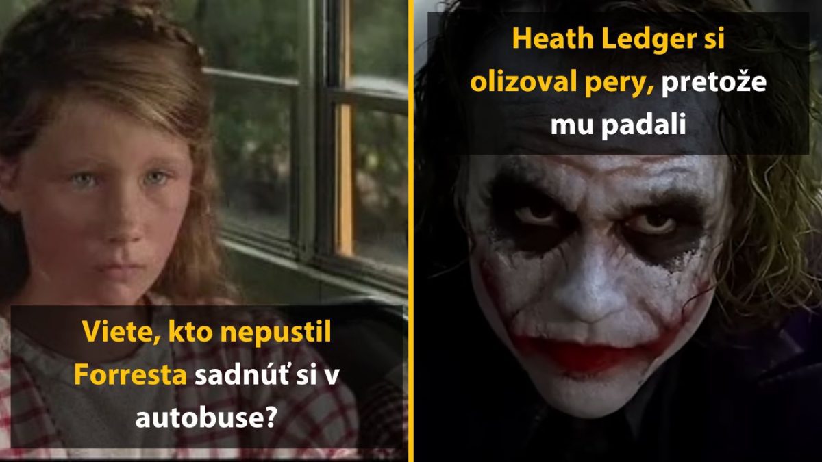 Detská postava z autobusu a ikonická postava s maľovanou tvárou v žartovnom kontexte filmových faktov.