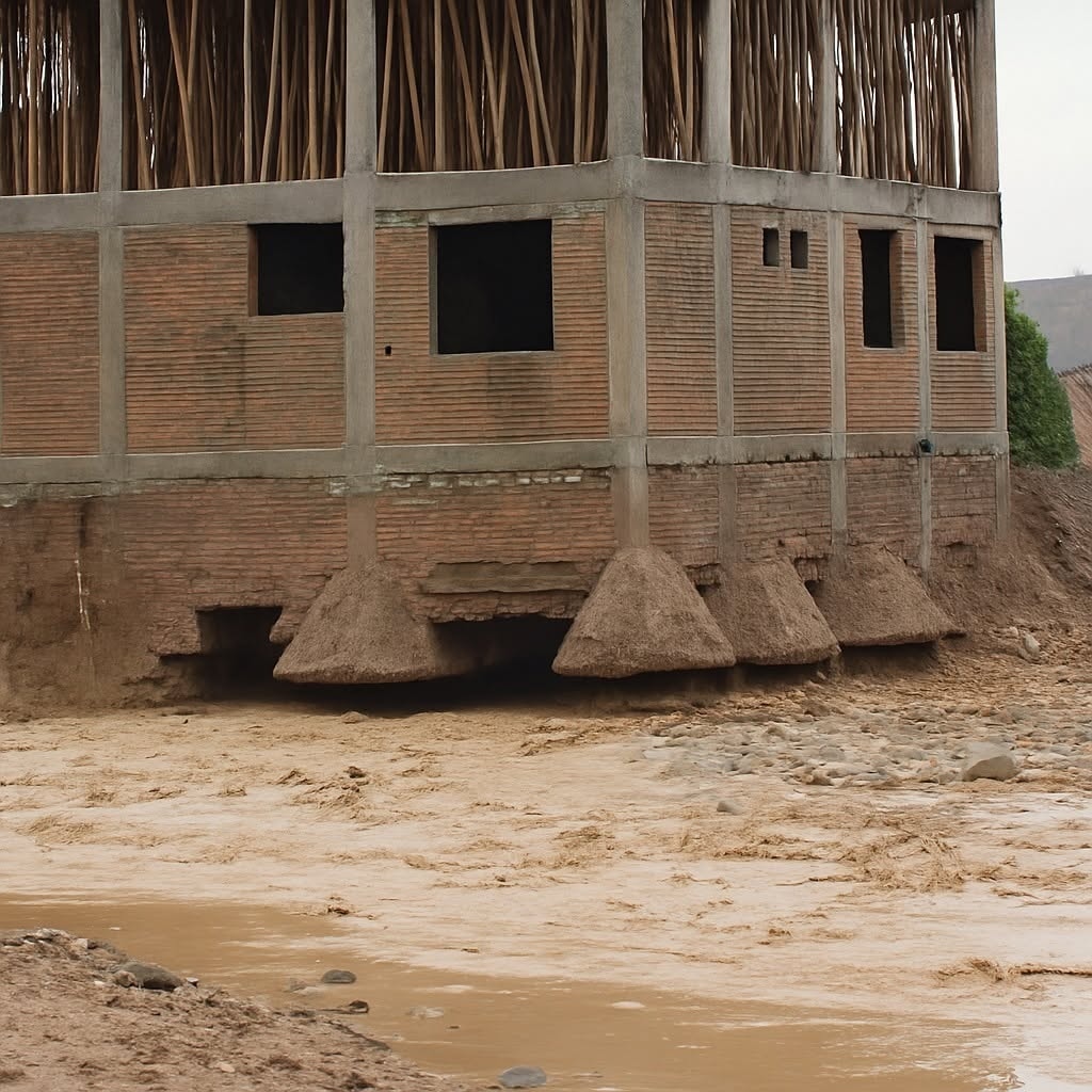 Budova s nevyužitými oknami a bambusovou strechou nad tečúcou riečkou, ktorá eroduje základy.