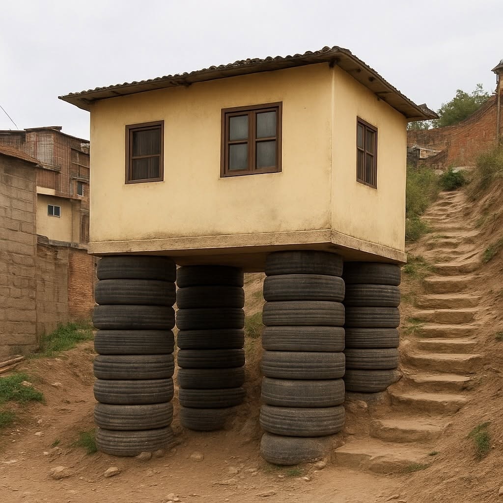 Dom na stĺpoch z pneumatík vedľa hlinenej cesty a schodov, kreatívne riešenie v odľahlej oblasti.