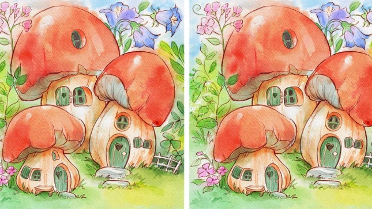 Kreslené domčeky ako huby v rozprávkovom prostredí obklopené farebnými kvetmi a zeleňou.