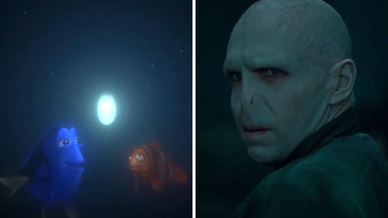 Animované ryby v tme pri svetle, vpravo osoba s bledou tvárou, magická atmosféra.