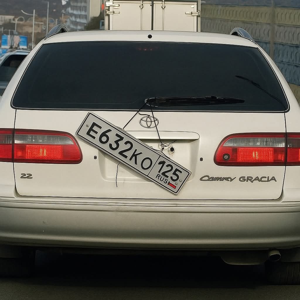 Auto s ruskou poznávacou značkou visí uvoľnené na zadnej časti bielej Toyoty Camry Gracia na ceste.