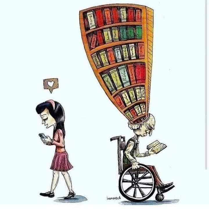 Muž na vozíku číta knihy s vedomosťami, zatiaľ čo žena pozerá na mobil s ikonou srdca, grafika znázorňuje kontrast.
