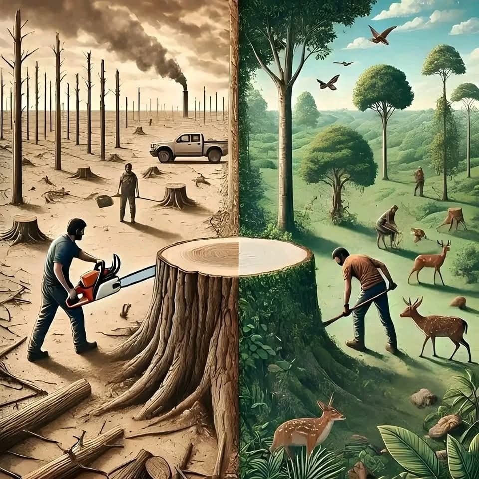 Dva svety: Odlesňovanie a znečistenie vs. zeleň a ekosystém plný života a zvierat v harmónii.