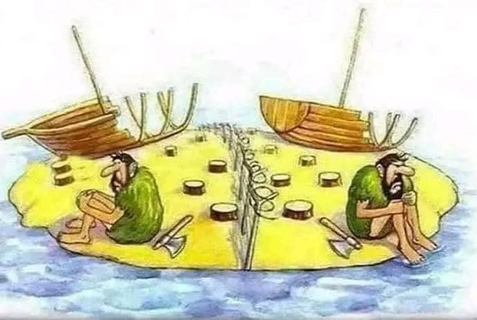 Dva izolované ostrovy, každý s mužom a nedokončenou loďou zo spílených stromov. Obaja zúfalí z nedostatku vzájomnej spolupráce.