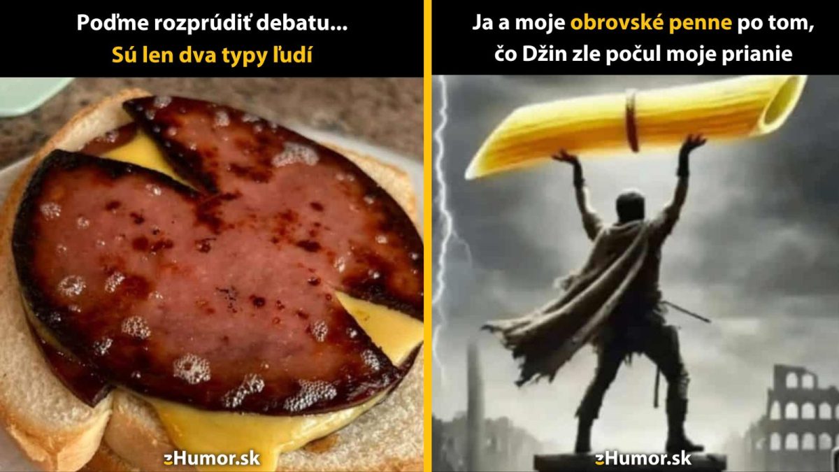 Dva vtipné obrázky: pečená klobása s chlebom a postava držiaca obrovské cestoviny. Humor o prehraničných želaniach.