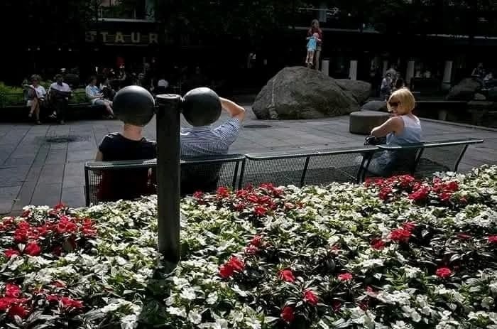 Parková lavička s kvetmi v popredí, ľudia oddychujú, dieťa na kameni, mestské prostredie v slnečný deň.